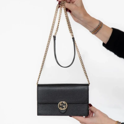 Gucci Black Leather Interlocking G Dollar Wallet On Chain Crossbody Bag