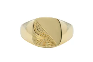 9ct Yellow Gold Half Engraved Cushion Signet Ring 7.3g
